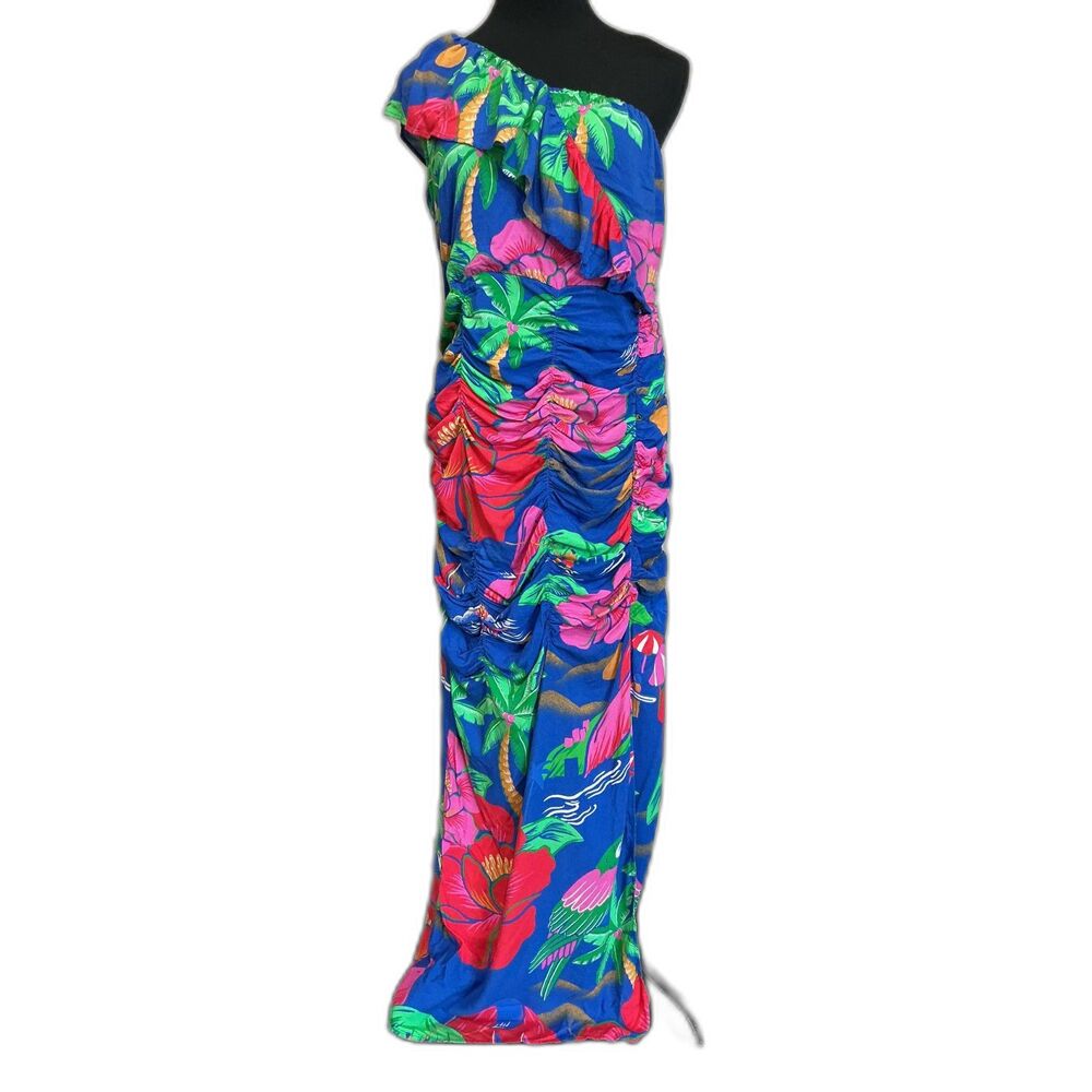 FARM Rio for Anthropologie One-Shoulder Blue Tropical Ruched Midi Dress. Size L